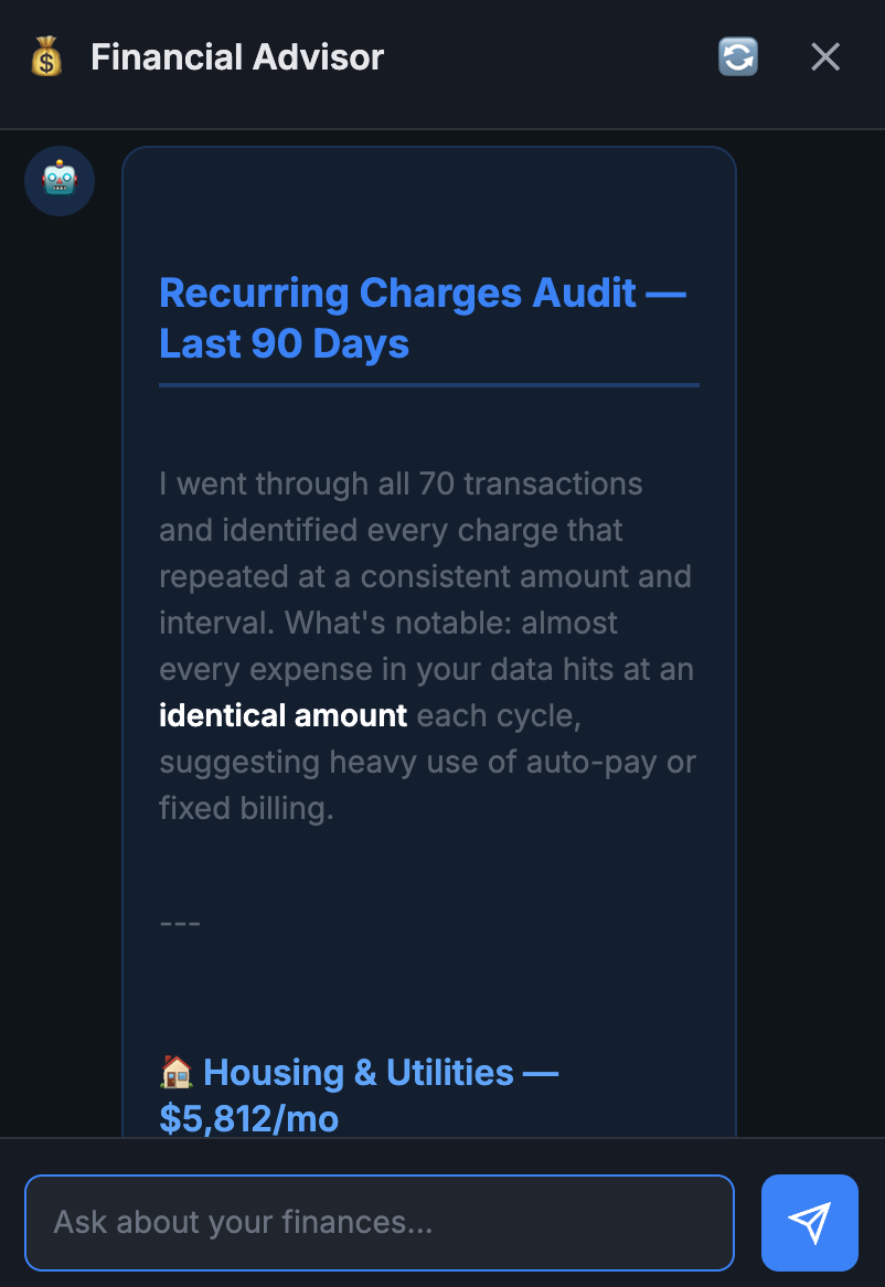 Financial advisor chat panel with recurring charges audit answer.